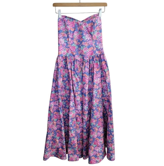Vintage Laura Ashley Pink Orange Blue Floral Print Strapless Maxi Dress Size 10 - Picture 1 of 7